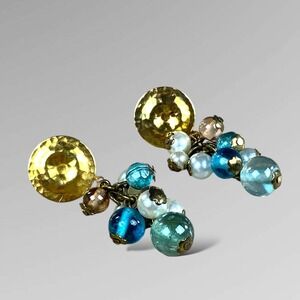Vintage Boho Cluster Dangle Earrings Blue White Drop Hammered‎ Metal Pierced